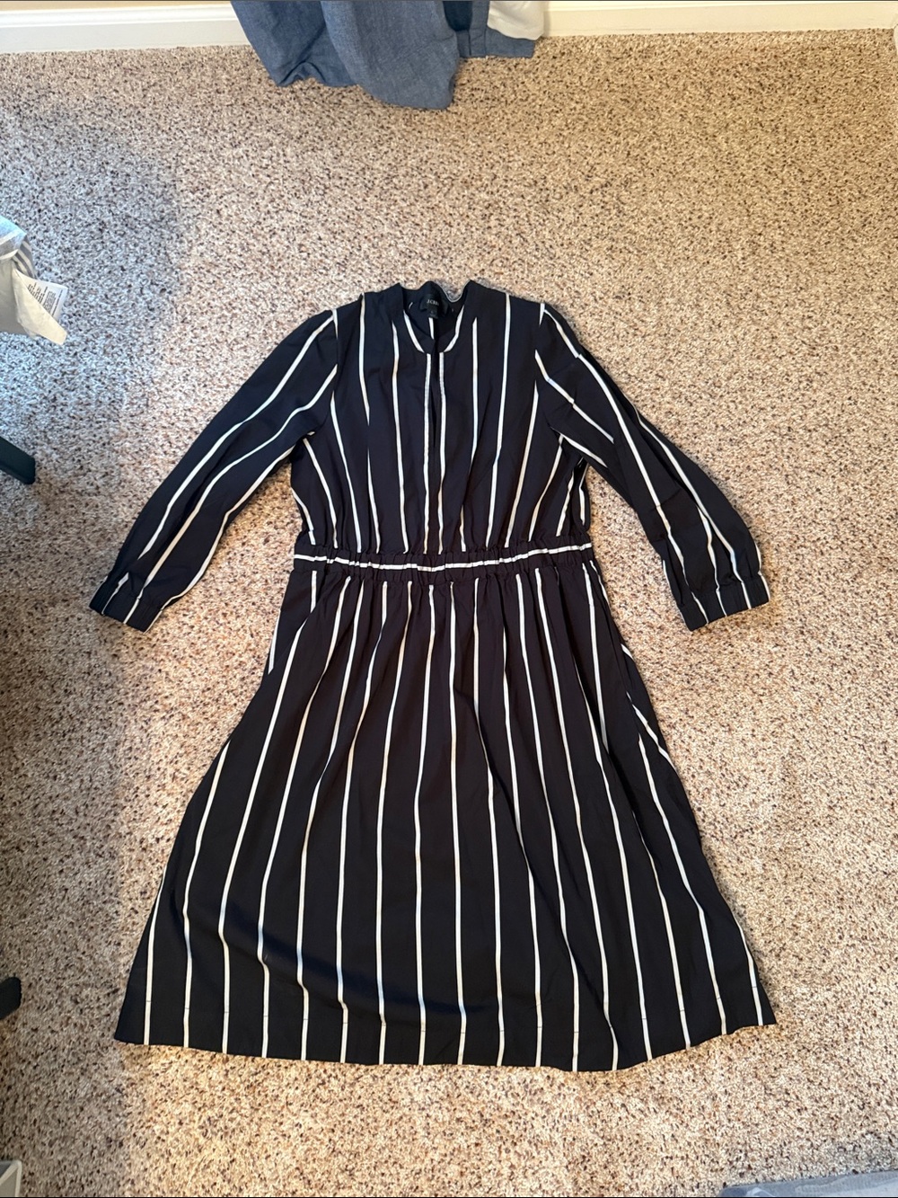 J. Crew Black Dress with White Vertical Stripes - Long Sleeve Midi